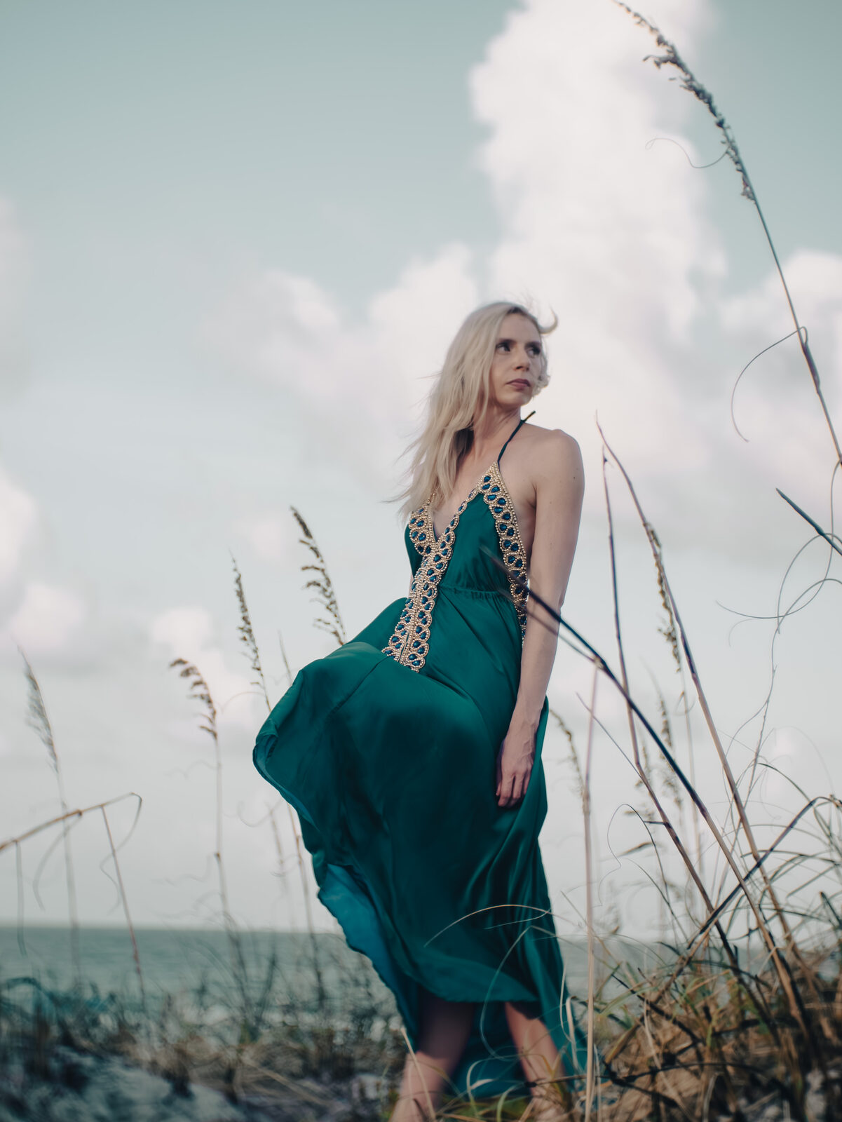 Portrait, teal gown in dune grass