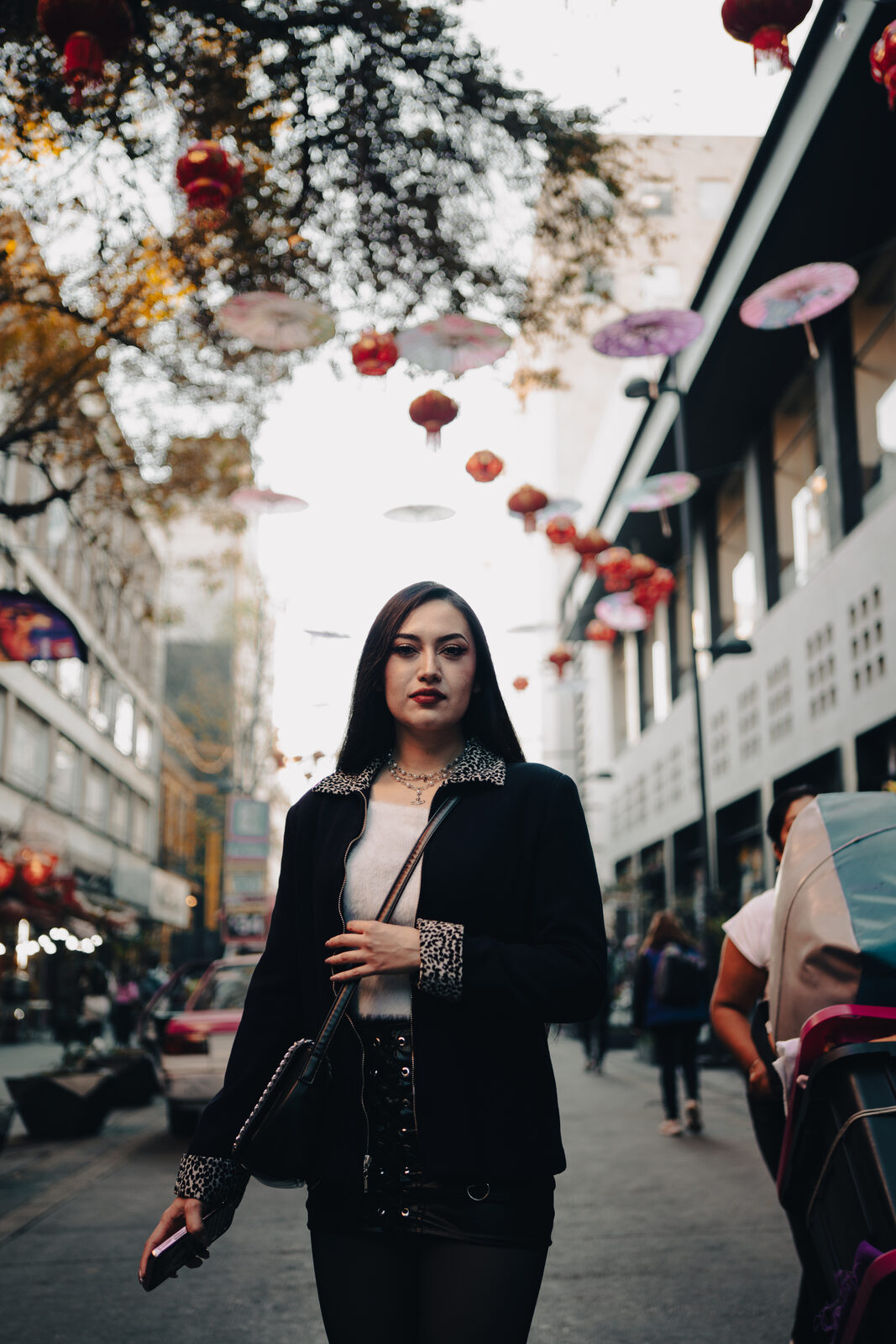 Mexico City street, red lanterns