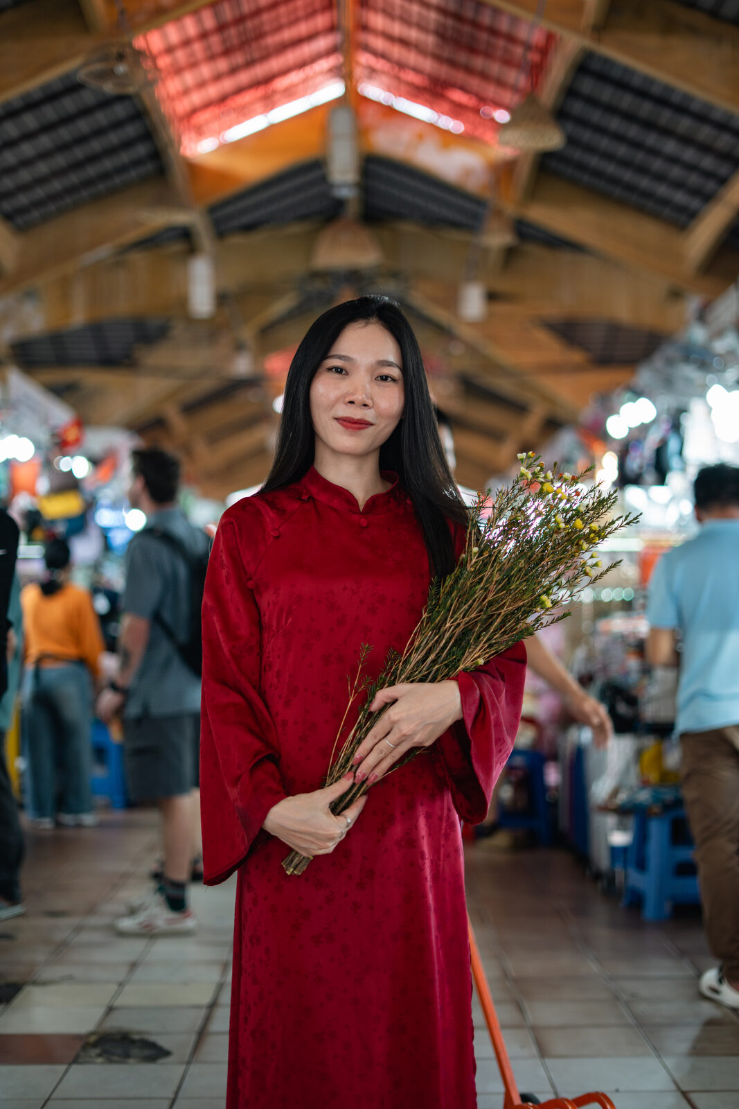 Vietnam market, red ao dai